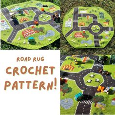 the road rug is made from crochet and has cars on it