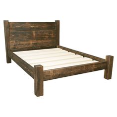 a bed frame made out of wood with no headboard