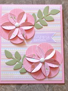 two pink flowers with green leaves are on a card that says happy birthday and the words,