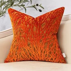 Burnt Orange Living Room, Couch Bedroom, Orange Home Decor, Living Room Orange, Chenille Pillow, Orange Decor, Leaves Pillow, Decorative Pillows Couch, Modern Throw Pillows