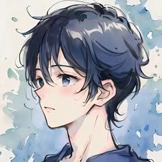 an anime character with black hair and blue eyes looking to the side, in front of watercolor splashes