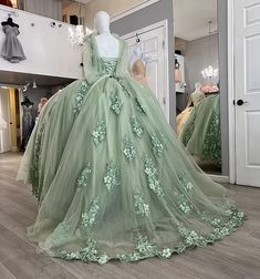 Women's Off Shoulder Quinceanera Dresses Ball Gown with Train Puffy Sw – formalgowns Ball Gown With Train, Green Quince Dress, Light Green Bridesmaid Dresses, Green Quinceanera Dresses, Princesa Tiana, Quince Dress, Tulle Sleeves, Quinceanera Dress, Green Bridesmaid