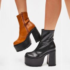 Accidentally Bought An Extra Pair, So Just Tryna Get These Off My Hands! Sold Out Online, Brand New, Super Cute Fall Weather Vibe Shoes #Platform #Black #Platformboots #Platformheels #Tan #Dollskill Retro Black Heels For Fall, Brown Retro High Heel Platform Boots, Retro Black Heeled Boots With Round Toe, Retro Brown High Heel Platform Boots, Vibe Shoes, Ankle Platform Boots, Platform Boots Black, Dolls Kill Shoes, Black Platform Boots