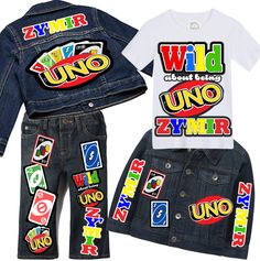 How adorable is this Uno Denim set?! Perfect for your little ones birthday, photoshoot, or special event! Items are available as a set or separately, choose what you would like from the drop down menu.Please leave name and age needed during checkout!***PAINT SPLATTER IS NO LONGER AVAILABLE Images can now be added to the front of the jacket at an additional charge, please choose the proper selection from the drop down menu to upgrade****PLEASE NOTE THAT DENIM SHADES IN PANTS AND JACKETS MAY VARY Uno Birthday Photoshoot, Uno Outfit 1st Birthdays, Uno Birthday Party Theme Decoration, Uno Birthday Shirt, Uno Birthday Party Theme, Uno Themed First Birthday, Overalls Boys, Tutu Dress Costumes, Denim Set