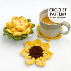 two crocheted coasters and a cup of tea on a white surface with the words crochet pattern next to it