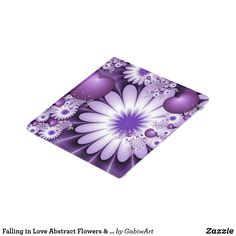 a purple and white flower with bubbles in the center on a square tile background that says falling in love abstract flowers & h