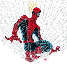 a drawing of a spider man sitting on the ground in front of some webs