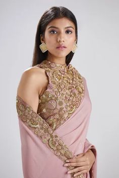 Shop for Megha Bansal Pink Crepe Noor Vrit Saree And Embroidered Blouse Set for Women Online at Aza Fashions Halter Neck Blouses, Saree And Blouse, Zardozi Work, Crepe Saree, Embroidered Border, Circular Pattern, Weaving Process, Gold Floral, Cut Work