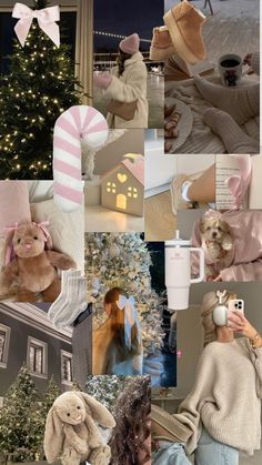 a collage of photos with teddy bears and other things in the background, including a christmas tree