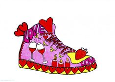 a drawing of a pair of shoes with hearts and wine glasses on the soles