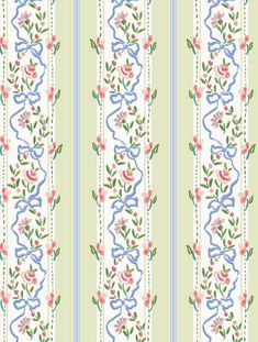 a striped wallpaper with flowers and ribbons on the border, in pastel colors