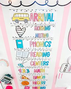 this is a poster on the wall that says arrival morning phonics reading centers