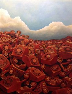 a painting of many red objects in front of a cloudy sky