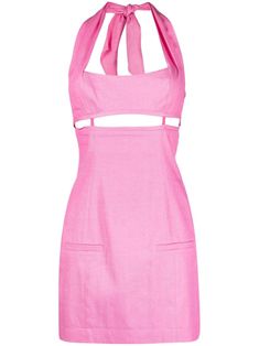 La Robe Limao minidress from Jacquemus featuring light pink, halterneck tie fastening, square neck, sleeveless, cut-out detailing, adjustable strap to the front, front hook and eye fastening, thigh-length and two front welt pockets. Halterneck Mini Dress, Mini Dress Pink, Feature Light, Pink Mini Dresses, Dress Pink, Welt Pockets, Welt Pocket, Square Neck, Light Pink