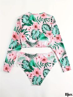 Bjux - Pink Tropical Floral Leaf Print Long Sleeve Swimsuit Set with High Waist Bottoms - Stretchy 2 Piece Bathing Suit Ideal for Beach, Pool, and Surfing Activities - Womens Swimwear and Clothing Pink Swimming Sets For Beachwear, Pink Beachwear Sets For Swimming, One-piece Beach Set For Summer, Pink Beachwear Sets For Pool, Summer One-piece Beachwear Sets, Summer Beachwear One-piece Sets, Long Sleeve Floral Print Swimwear For Beach Season, Pink Stretch Beachwear Set, Long Sleeve Tropical Print Swimwear