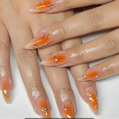 Turn Up The Heat With These Fiery Orange Nails Adorned With Dazzling Rhinestones! These Beauties Are The Perfect Way To Make A Statement And Add Some Spice To Your Look. Whether You're Rocking Them For A Night Out On The Town Or Just Want To Add Some Sass To Your Everyday Style, These Nails Are Sure To Turn Heads. Fabulous Nails Classy, Classy Acrylic, Hot Nails, Orange Nails, Minimalist Nails, Nails 2024, Funky Nails