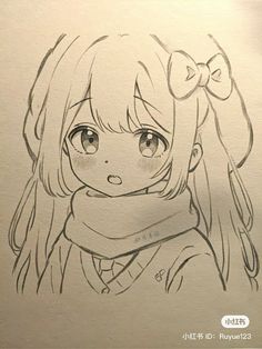 a drawing of a girl with long hair and a bow on her head, wearing a scarf