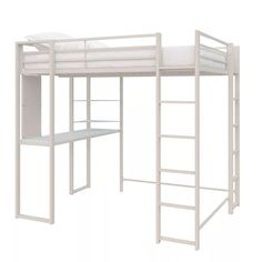 a white loft bed with a desk underneath it and ladders to the top bunk