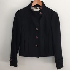 Gorgeous Banana Republic Black Cropped Wool Coat With Awesome Buttons And Funky Retro Inner Lining! Hits At High Hip. Never Worn! Xs Reasonable Offers Always Welcome!!! Fitted Black Pea Coat With Button Cuffs, Black Fitted Outerwear With Button Cuffs, Fitted Black Outerwear With Button Cuffs, Cool Buttons, High Hips, Black Crop, Wool Coat, Banana Republic, Checks