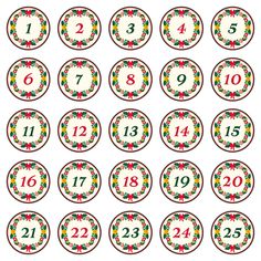 a set of twelve christmas themed numbered labels with numbers and wreaths on the sides