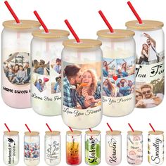 four personalized mason jars with lids and straws are shown in front of each other