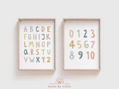 two framed pictures with numbers and letters in them