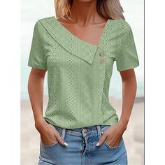 Season:Summer; Fabric:Polyester; Sleeve Length:Short Sleeve; Gender:Women's; Style:Stylish,Elegant; Tops Type:Eyelet top,Dressy Tops; Occasion:Daily; Pattern:Plain,Solid Color; Design:Buttons,Eyelet; Neckline:Asymmetrical; Front page:FF; Listing Date:07/02/2024; Bust:null; Length:null; Fit US Size:null; Fit UK Size:null; Fit EU Size:null Summer Asymmetrical Hem Solid Color Blouse, Asymmetrical Hem Solid Color Summer Blouse, Summer Blouse With Asymmetrical Hem, Summer Tops With Buttons And Asymmetrical Hem, Spring Tops With Asymmetrical Hem And Buttons, Spring Tops With Buttons And Asymmetrical Hem, Spring Asymmetrical Tops With Buttons, Asymmetrical Summer Blouse With Buttons, Green Blouse With Asymmetrical Hem For Summer