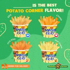 three cups of potato fries with the caption is the best potato corner flavor