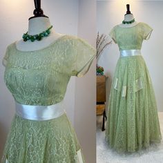 "1950s Emma Domb dress / 1950s gown / 1950s dress / 50s dress / 1950s prom / vintage Emma Domb / vintage wedding dress / vintage lace  dress / size xl This 1950s Emma Domb gown is absolutely stunning. She is a light green lace floor length dress . She has a strapless bodice underneath a lace overlay and her bodice is boned.  The floral themed lace is truly magnificent and the volume of the skirt makes it  flow when you walk.  She is the true essence of California vintage and  1950s style. Those of us who collect west coast vintage know that Emma Domb produced high quality dresses that reflected the styles of the era. This beauty has the class of the 1950s, but is done in the lightest shade of green, which makes her truly delicious. So beautiful in fact I had to try her on! Check her out in Wedding Dress Vintage Lace, 1950s Gown, 1950s Prom, Emma Domb, Prom Vintage, Vintage Lace Dress, Gowns Vintage, 1960s Dresses, Wedding Dress Vintage