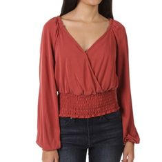 Details Surplice Neckline Ruffled Elastic At Shoulders Raglan Sleeves With Elastic Cuffs Smocked Waist For A Comfy Fit 65% Modal / 35% Polyester Machine Wash Made In The Usa Moa Moa, Color Blouse, Surplice Neckline, Rust Color, Comfy Fits, Raglan Sleeve, Smocking, Rust, Top Blouse