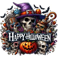 a happy halloween card with skulls, pumpkins and other items on it's side