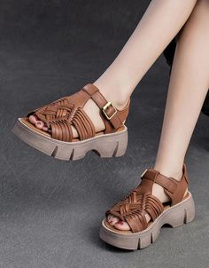 Leather Braid Open Toe Platform Sandals Slingback — Obiono Handmade Shoes Women, Summer Wedge Sandals, Unique Sandals, Leather Oxfords Women, Sandals Design, Daily Shoes, Platform Boots Chunky, Sandals Wedge, Sandals Collection