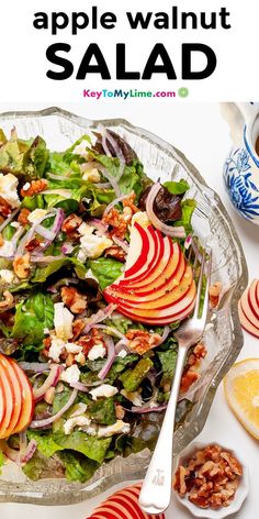 A picture of apple walnut salad, with title text at the top. Feta And Honey, Salad With Honey Mustard Dressing, Spinach Salads, Apple Walnut Salad, Homemade Honey Mustard, Mustard Vinaigrette, Apple Walnut