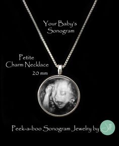 Here is our petite setting, 20 mm - Custom Photo Keepsake Necklace, YOUR baby's photo on a necklace - Pregnancy Gift , New Baby - Baby Shower Gift BEAUTIFUL Keepsake Necklace with Your baby's photo Photo shows Antique Silver plated bezel with Sterling silver chain. Size of pendant is about the size of a dime. The setting is silver plated. The 18" and 20" chains are Sterling Silver. The image rests on a round bezel, 3/4" in diameter, with a pure glass magnifying globe overlay. Included is a chain Baby Sonogram, Baby Ultrasound, Photo Necklace, Photo Pendant, Small Gift Boxes, Pregnancy Gifts, Ultrasound, Sterling Silver Chain, Chain Pendants