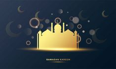 the raman kareem greeting card with mosque and crescents on dark blue background