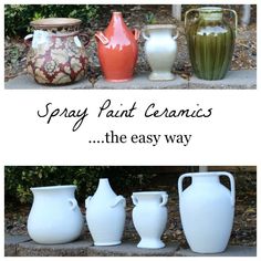 four different vases with the words spray paint ceramics on them