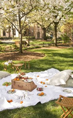 an outdoor picnic is set up on the grass in front of trees with flowers and petals