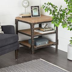 a living room with a couch, chair and end table in front of a plant