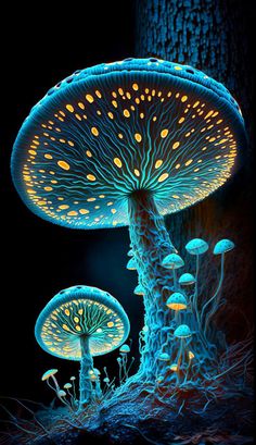 glowing mushrooms in the dark forest at night