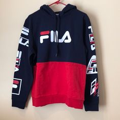 Fila Hoodie With Red, White And Navy Blue. The Fila Logo Is Across The Chest Area And Written On Both Sleeves. Thick Material, Good For Winter. 80% Cotton 20% Polyester The Fila Logos On The Sleeves Make This Hoodie More Attractive. Washing Instructions Attached In Photos. Female Or Male Can Wear This Hoodie. Fila Logo, Sweater Streetwear, Turtleneck Sweatshirt, White Turtleneck, Preppy Wallpaper, Sports Hoodies, Vintage Hoodies, Half Zip Sweaters, Grey Pullover