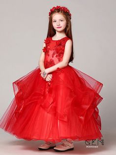 Flower Girl Dresses Long Ruffled Ball Gown Red Lace Flower Girl Dress with Beading Ball Gown Red, Red Flower Girl, Red Flower Girl Dresses, Delicate Gown, Lace Flower Girl Dress, Long Flower Girl Dresses, Girly Party, Baby Party Dress, Gown Red