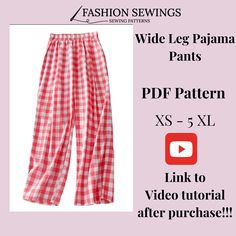 the wide leg pajama pants sewing pattern is shown in red and white checkered