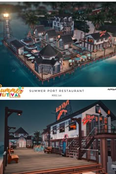 two different views of the same restaurant at night and day, each with its own dock