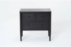 a small black nightstand with two drawers on one side and an open drawer on the other