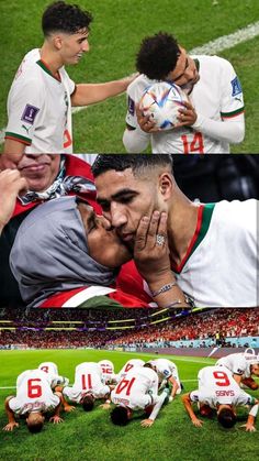 two soccer players are kissing each other in the middle of a field with their hands on their face