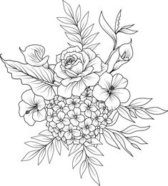 a bouquet of flowers with leaves and flowers in the middle, on a white background