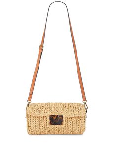 100% Woven Handbag with a faux leather trim & tortoise shell accent One main compartment Flap top with magnetic button closure Measurement approx. 10"x 5"x 2.75" Shoulder strap 20" Brown Rectangular Flap Bag For On-the-go, Rectangular Tan Bags For On-the-go, Travel Rectangular Straw Bag With Detachable Strap, On-the-go Crossbody Straw Bag With Detachable Strap, On-the-go Crossbody Straw Bag With Adjustable Strap, Rectangular Satchel With Magnetic Closure For On-the-go, Casual Rectangular Bag With Gold-tone Hardware, Casual Rectangular Flap Bag For Travel, Tan Crossbody Flap Bag For Travel