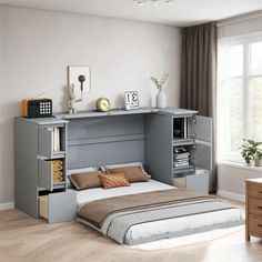 a bedroom with a bed, desk and dresser