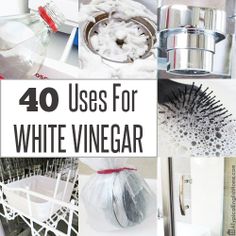 the words 40 uses for white vinegar are shown in black and white images, along with other things