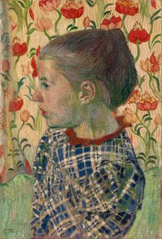 a painting of a woman with flowers in the background